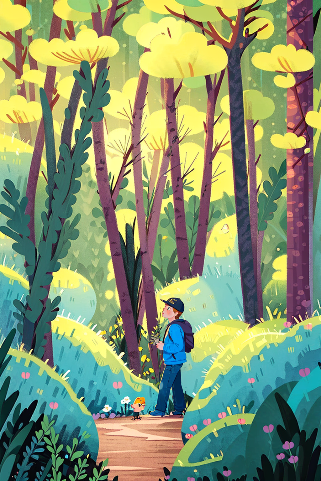 02117-1944994708-solo, 1 1boy, blonde hair, plant, outdoor,In the forest, backpacking, exploring, grass, rocks, (illustration_1.0), masterpiece,.png